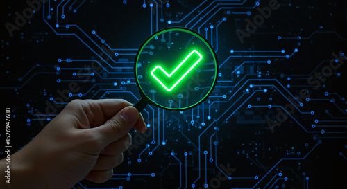A hand holds a magnifying glass revealing a glowing green checkmark against a circuit board background. This image symbolizes successful verification, data security, or technological approval.