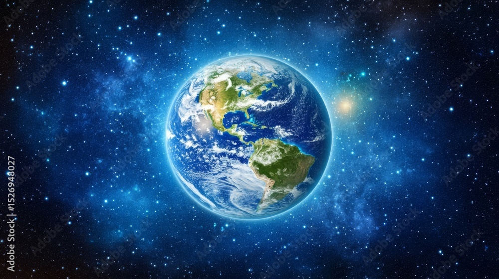 Fototapeta premium Stunning realistic Earth planet in space with illuminated continents and cloud cover, surrounded by vibrant stars and cosmic nebulas, showcasing advanced detailed textures, deep blue
