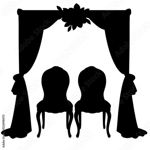 Silhouette of sweetheart chairs under draped arch with floral swag, wedding decor backdrop