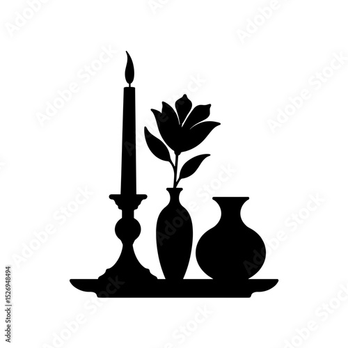 Silhouette centerpiece with candle, flower, and vase on white background, minimal decor