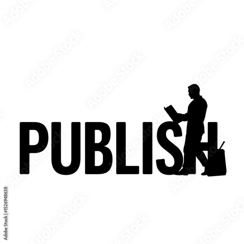 Silhouette of copywriter with publish lettering and edit tools, content creation