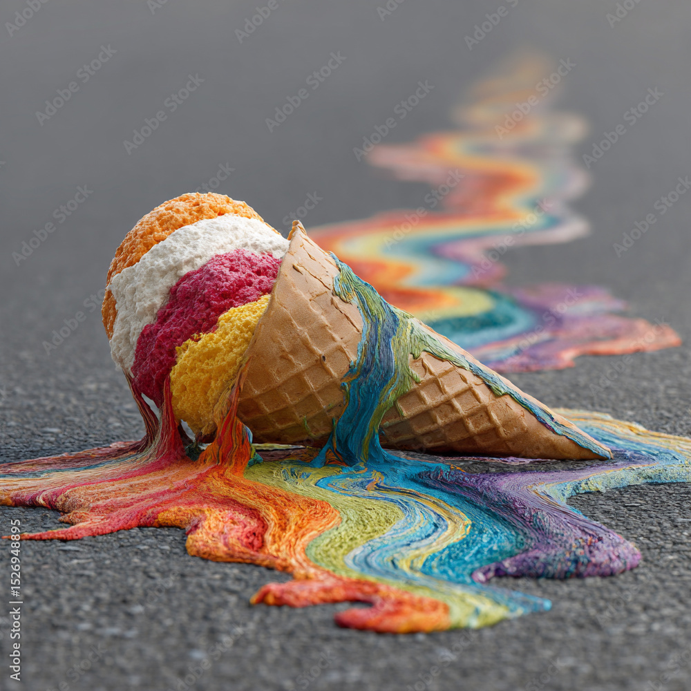 Obraz premium Colorful melted ice cream cone spills vibrant rainbow on asphalt surface during sunny day
