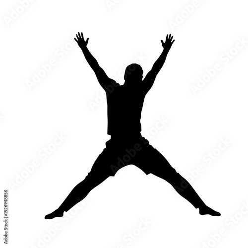 Silhouette of person jumping with arms raised on white background, active lifestyle