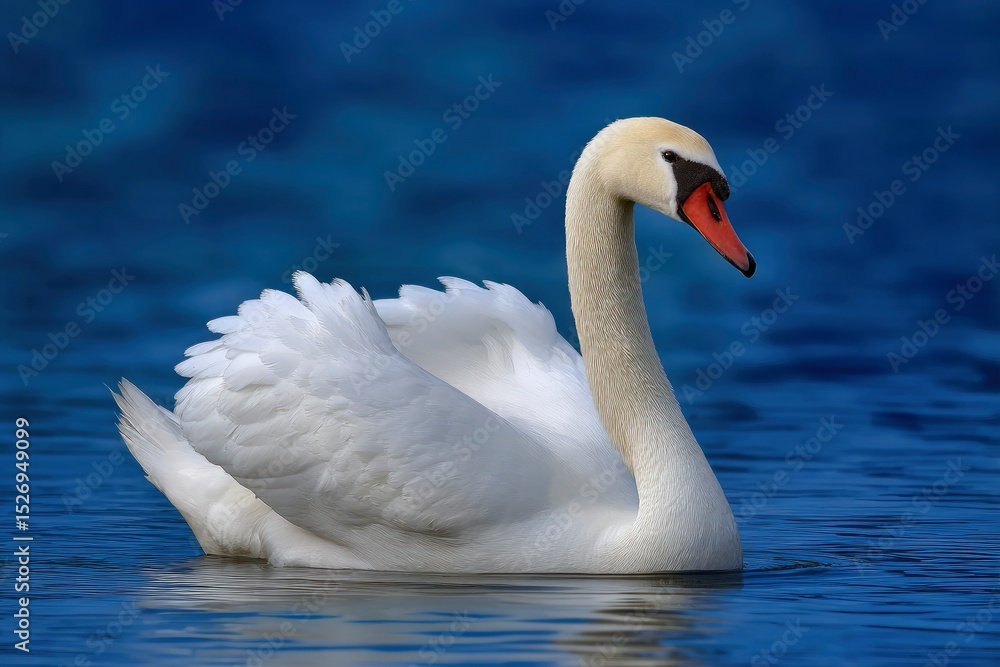 Naklejka premium Mute swan gracefully gliding on blue water feathers puffed neck curved