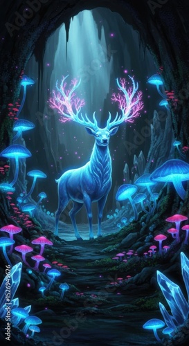 Enchanted Glowing Deer in a Mystical Cave with Bioluminescent Mushrooms and Crystals