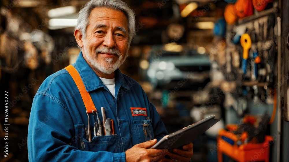 Senior Hispanic automotive mechanic man with gray hair wearing a blue work uniform, holding a clipboard in a workshop filled with tools and equipment. Senior Hispanic automotive mechanic man with gray hair wearing a blue work uniform, holding a clipboard in a workshop filled with tools and equipment.