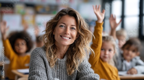 Wallpaper Mural A teacher smiles while seated in front of eager students who are raising their hands to answer questions. The lively classroom atmosphere encourages participation and attention. Torontodigital.ca