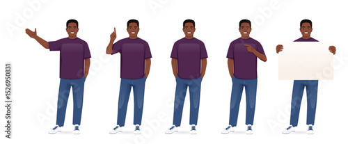 Set of young African American man poses wearing casual clothes with different gestures. Various gestures - showing, pointing, standing with hands in pockets. Isolated vector illustration