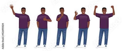 Set of young handsome African American man wearing casual clothes in different poses. Various gestures - waving, showing ok sign, thumbs up, standing exited. Isolated vector illustration