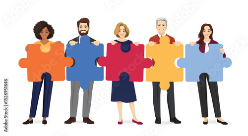 Portrait of group of happy diverse business people holding puzzle pieces. Teamwork and collaboration concept. Isolated vector illustration.