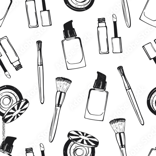 Makeup beauty care seamless pattern. Hand drawn cosmetics illustration of foundation, powder, blush, concealer and brushes