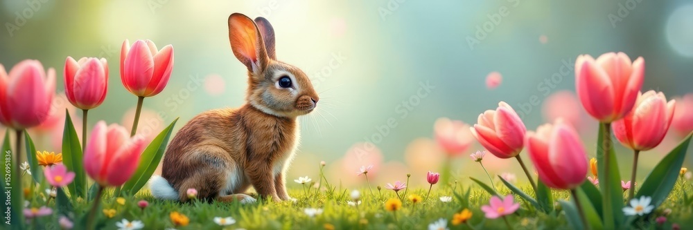 Obraz premium Realistic painted rabbit sitting amidst blooming spring tulips , springtime, painting, green