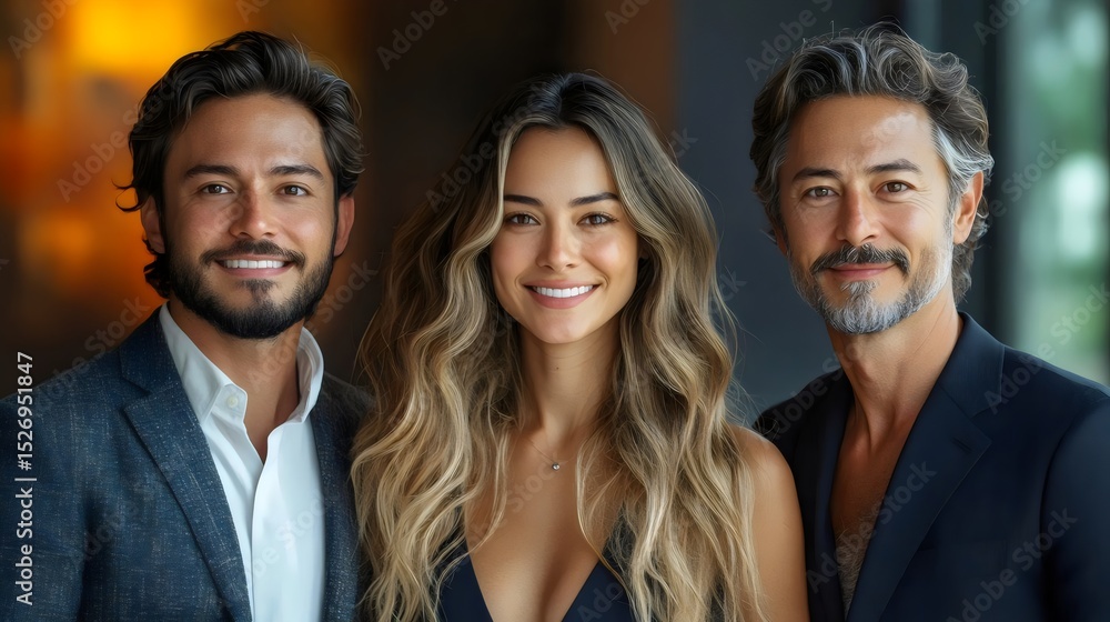 Fototapeta premium Three attractive people pose for a portrait, radiating happiness and confidence.