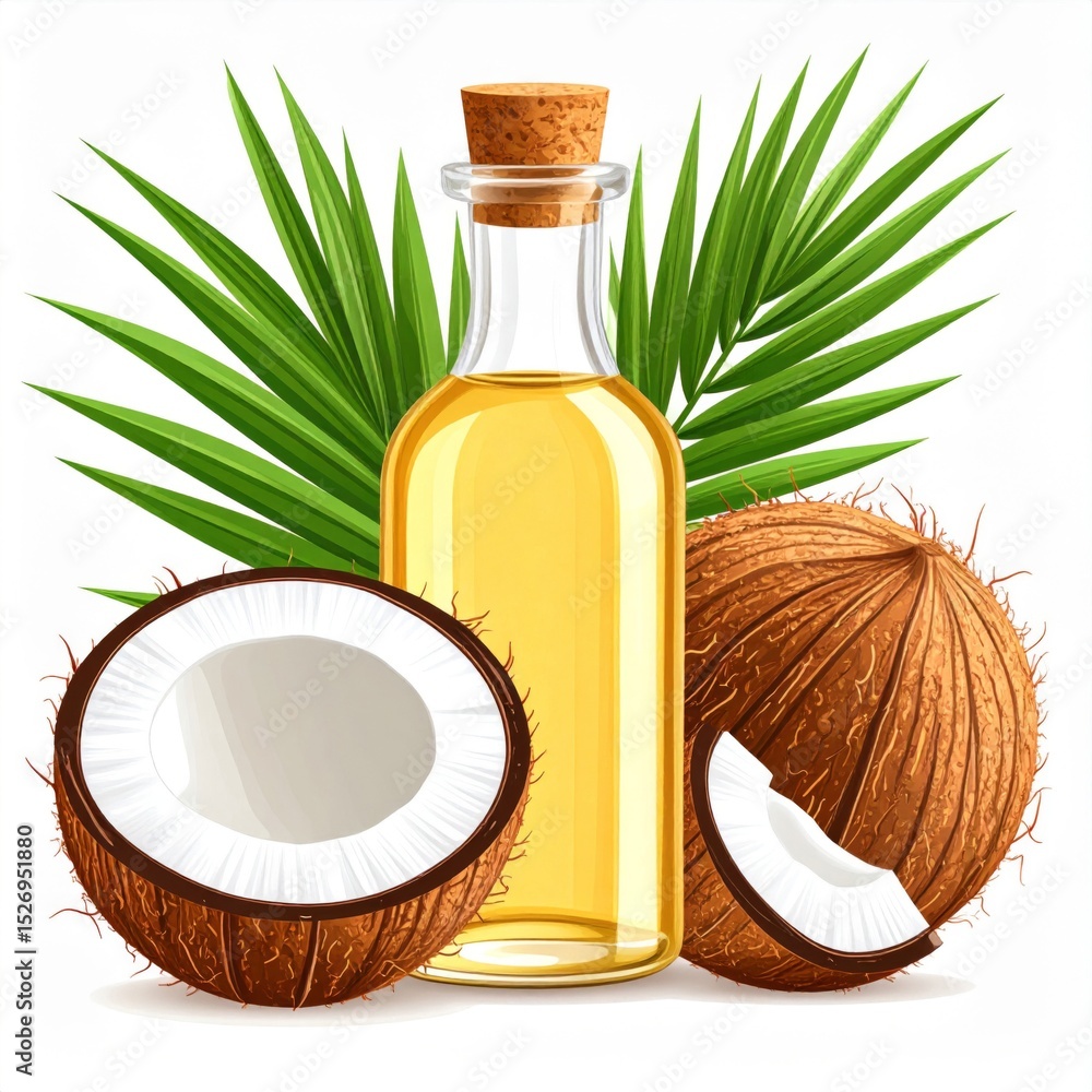 Fototapeta premium Yellow Coconut Oil in Glass Bottle with Palm Leaves