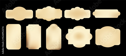 Old beige vintage label templates set with classic shapes and gradient fills on black background, product packaging, branding, invitations, gift tags.Beige Tag and Label Templates vector illustration