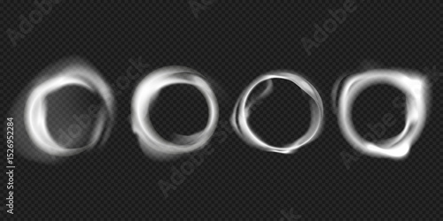 Set of glowing smoke ring overlays with white mist and circular vortex shapes on transparent background. Circular Mist and Vapor Effects for Special Visual FX.Vector illustration