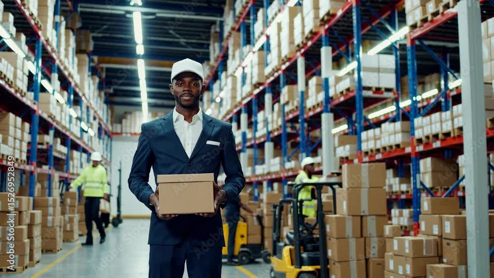 delivery man in warehouse Delivery man holding parcel box looking at camera with work team behind delivery man in warehouse Delivery man holding parcel box looking at camera with work team behind