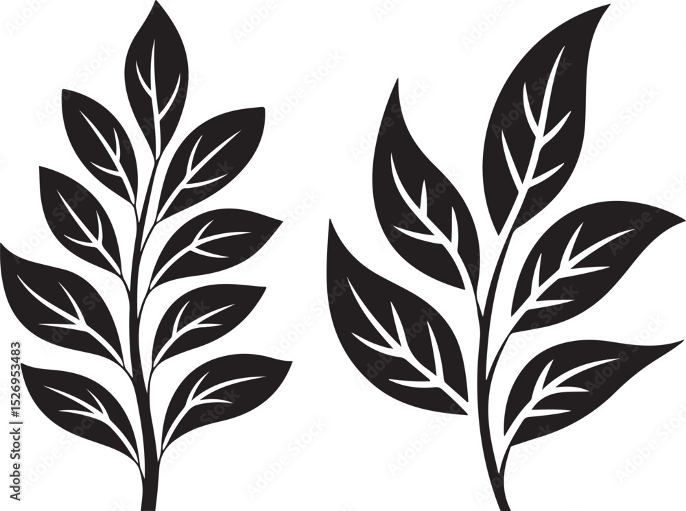 Naklejka premium Simple black and white stylized leaves on branches