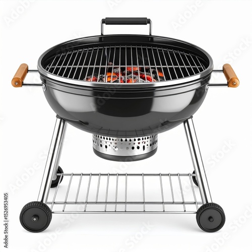 Black Round Charcoal Grill on Metal Stand with Wheels