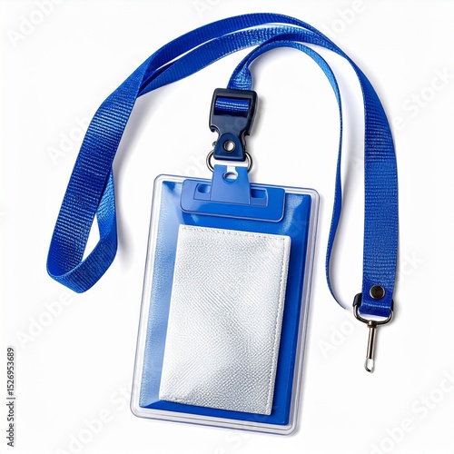 Blue Plastic ID Card Holder with Lanyard on White Background