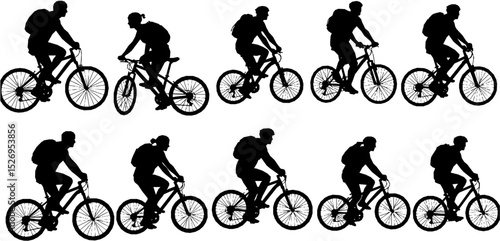 people riding bicycle silhouette set on white background, vector
