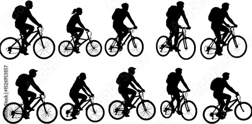 people riding bicycle silhouette set on white background, vector
