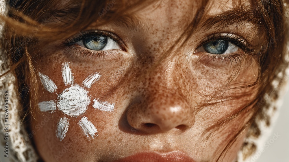 close-up of a kids face with thick white suncream applied close-up of a kids face with thick white suncream applied