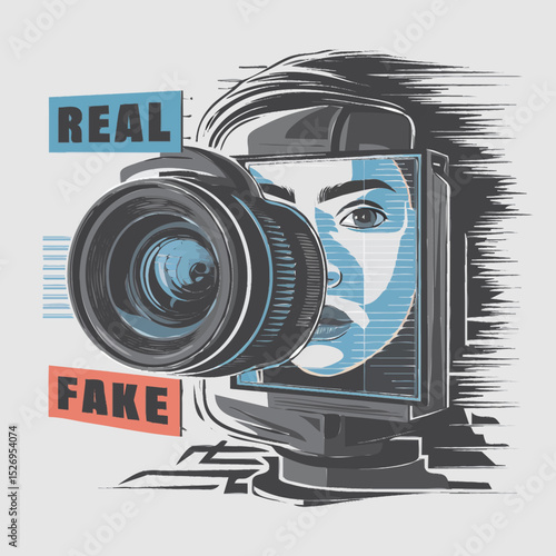 "Mandatory Realness" concept: a camera lens scanning faces with digital overlays marking ‘Real’ or ‘Fake