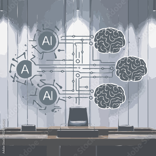A visual metaphor of AI tools and human brains interconnected by clean data nodes, floating in harmony above a courtroom table; flat design, white background, minimal elements,