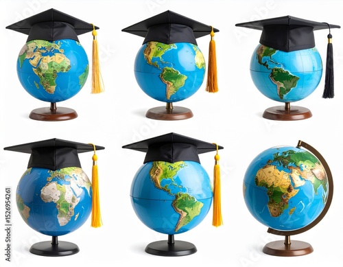 Multiple Globes with Graduation Caps on White Background
