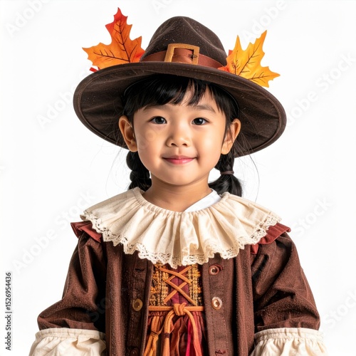 Smiling Girl in Pilgrim Costume with Autumn Leaves