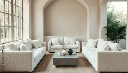 Sunlit spacious living room featuring minimalist furniture, large windows, and tasteful decorations, creating a serene and modern interior that exudes coziness and functionality for a contemporary lif