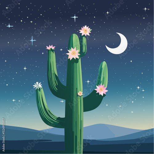 Cactus Bloom at Night – Saguaro cactus with rare night-blooming flowers and a star-filled sky.
