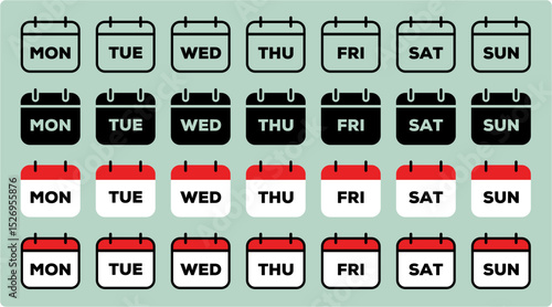 Calendar, days of the week. Set every day a week . Vector icon. Outline, Solid, Flat, Outline Filled