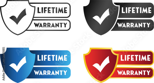 Lifetime Warranty Badge Icons Set – Shield Style Labels in Black, Blue, Red