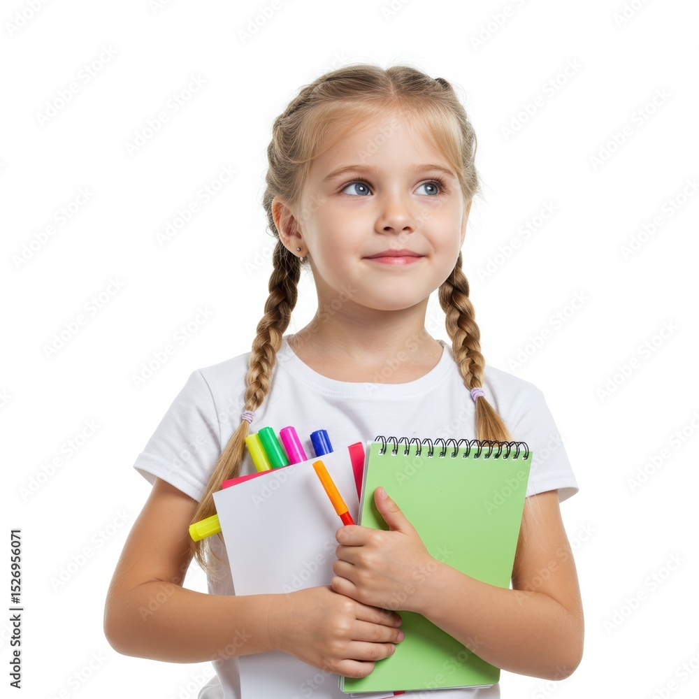 A cute blonde girl holding a notebook and colorful markers with a thoughtful expression. A cute blonde girl holding a notebook and colorful markers with a thoughtful expression.