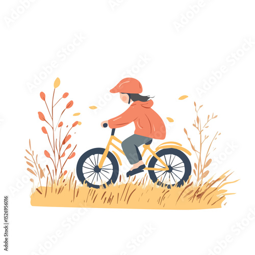 Child Riding Bike Fields vector 2D flat illustration, isolated on a white background.