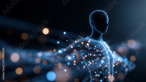 Abstract digital human figure made of glowing particles, symbolizing data flow and technology integration.

