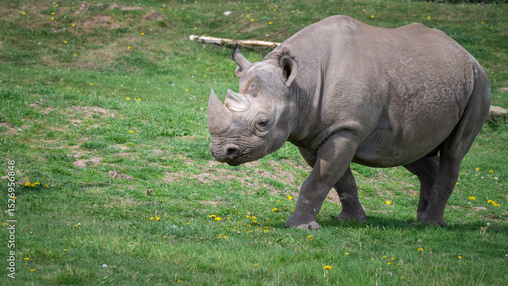 Fototapeta premium Black Rhinoceros Walking on Grass