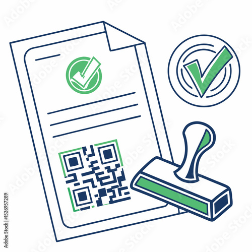 Icon of a software license agreement with QR validation and digital stamp