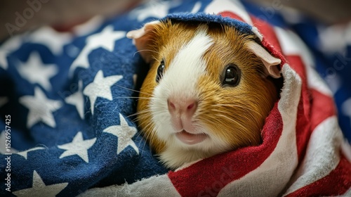 Adorable Guinea Pig Wrap in American Flag Pattern Close-Up with Soft Lighting, Cozy Fur Texture, Patriotic Color Scheme and Blurred Background, Perfect for Pet, Animal and USA-Themed