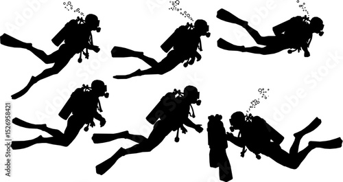 Vector detailed set silhouettes of scuba diving isolated on white background. Vector illustration
