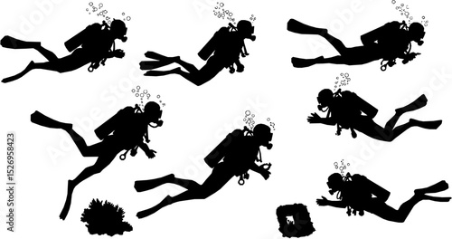 Vector detailed set silhouettes of scuba diving isolated on white background. Vector illustration
