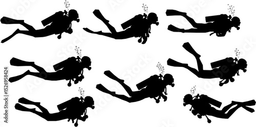 Vector detailed set silhouettes of scuba diving isolated on white background. Vector illustration
