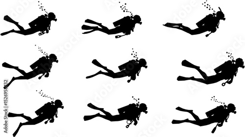 Vector detailed set silhouettes of scuba diving isolated on white background. Vector illustration
