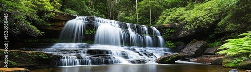 Serene natural landscape featuring a silky long-exposure multi-tiered waterfall cascading over moss-covered rocks into a tranquil pool, lush green forest background with soft diffused