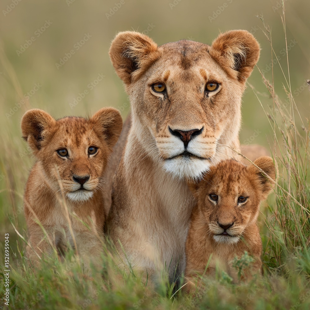 A lioness with two cubs sitting together in a field of grass. The mother lion looks ahead with a protective and calm demeanor. A lioness with two cubs sitting together in a field of grass. The mother lion looks ahead with a protective and calm demeanor.