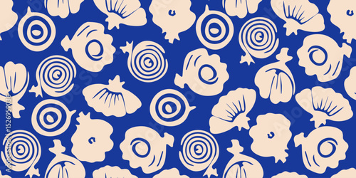 Simple Abstract hand-drawn various shapes and doodle Botanical Nature flowers and leaves seamless pattern modern trendy vector illustration. Ideal for textile design, fabric printing, wallpaper, decor