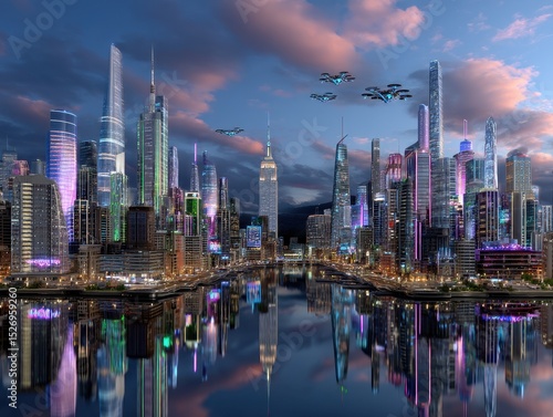Wallpaper Mural Dazzling, futuristic cityscape, glowing skyscrapers, with flying drones, reflected in water. Torontodigital.ca