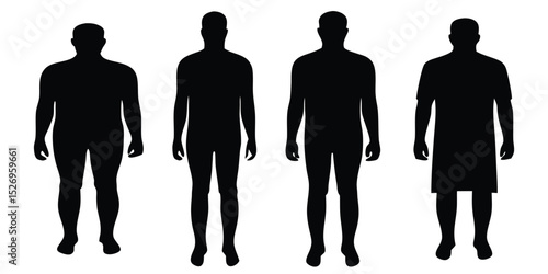 Silhouettes of four male human body types in various poses and outfits on white background